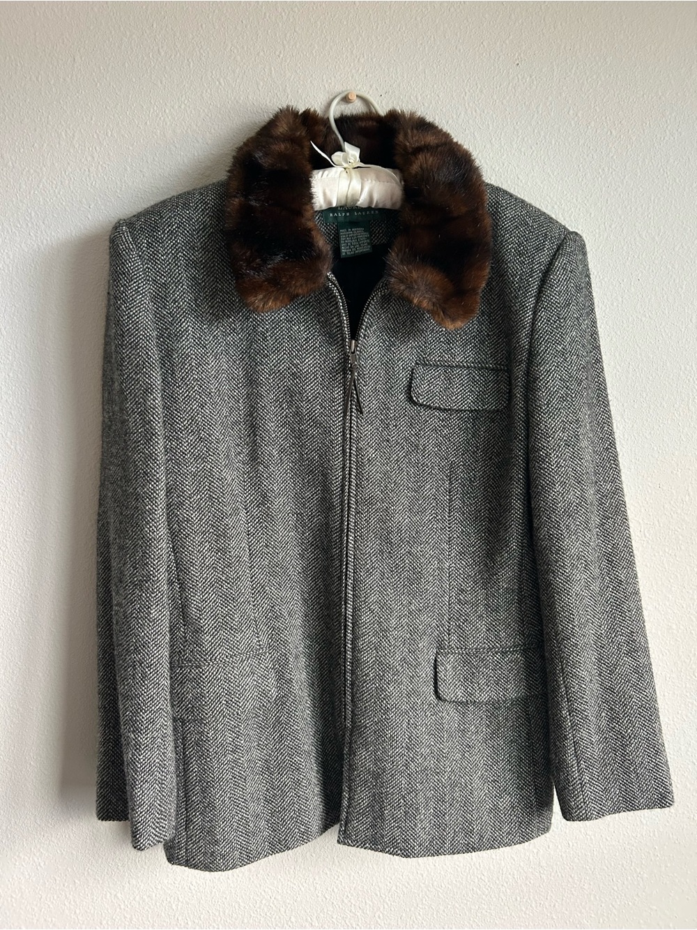 LAUREN Ralph Lauren Gray Herringbone Coat with Brown Fur Collar - Silk & Wool